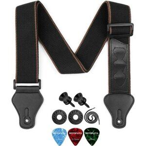 Guitar Strap Black Cotton Adjustable PU Leather Ends Picks Locks Buttons Set